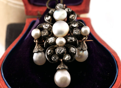Victorian Antique Natural Pearl and Old Cut Diamond Pendant come Brooch, Circa 1860