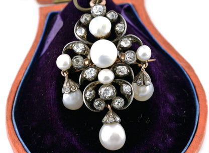 Victorian Antique Natural Pearl and Old Cut Diamond Pendant come Brooch, Circa 1860