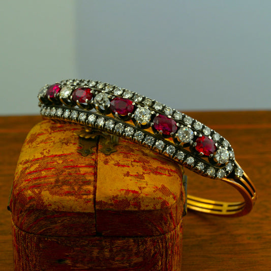 Victorian Antique  3.80ct Ruby and 4.60ct Old Cut Diamond Bangle Bracelet