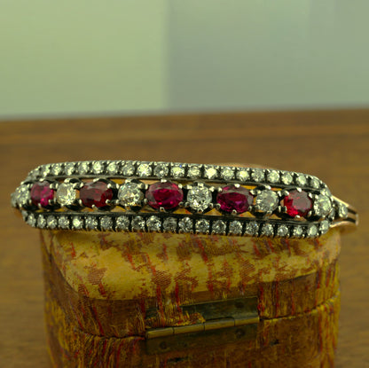 Victorian Antique  3.80ct Ruby and 4.60ct Old Cut Diamond Bangle Bracelet