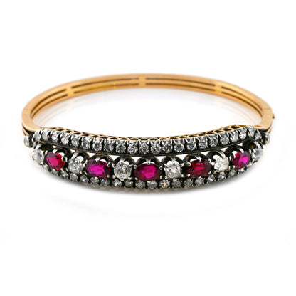 Victorian Antique  3.80ct Ruby and 4.60ct Old Cut Diamond Bangle Bracelet