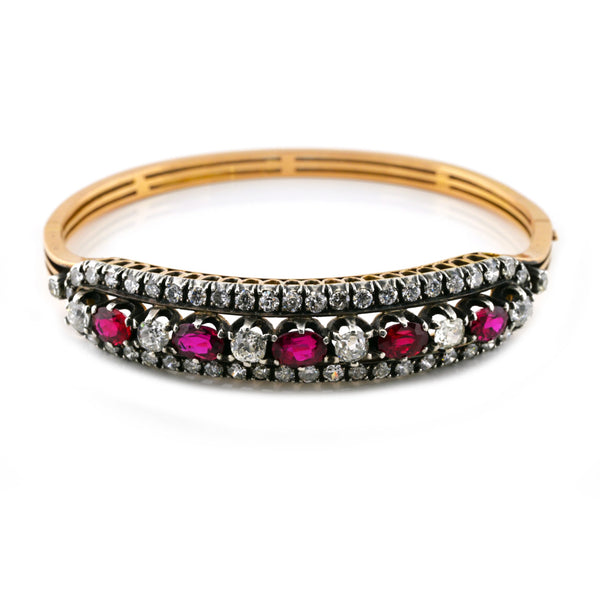 Victorian Antique  3.80ct Ruby and 4.60ct Old Cut Diamond Bangle Bracelet
