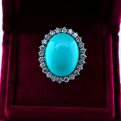 Vintage Natural Persian Turquoise and Diamond Cluster Cocktail Ring