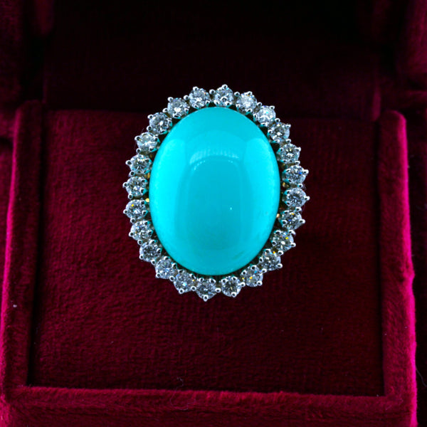 Vintage Natural Persian Turquoise and Diamond Cluster Cocktail Ring