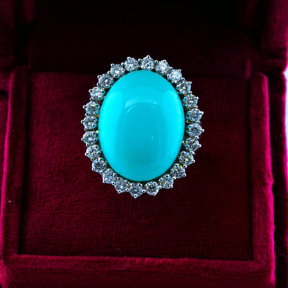 Vintage Natural Persian Turquoise and Diamond Cluster Cocktail Ring