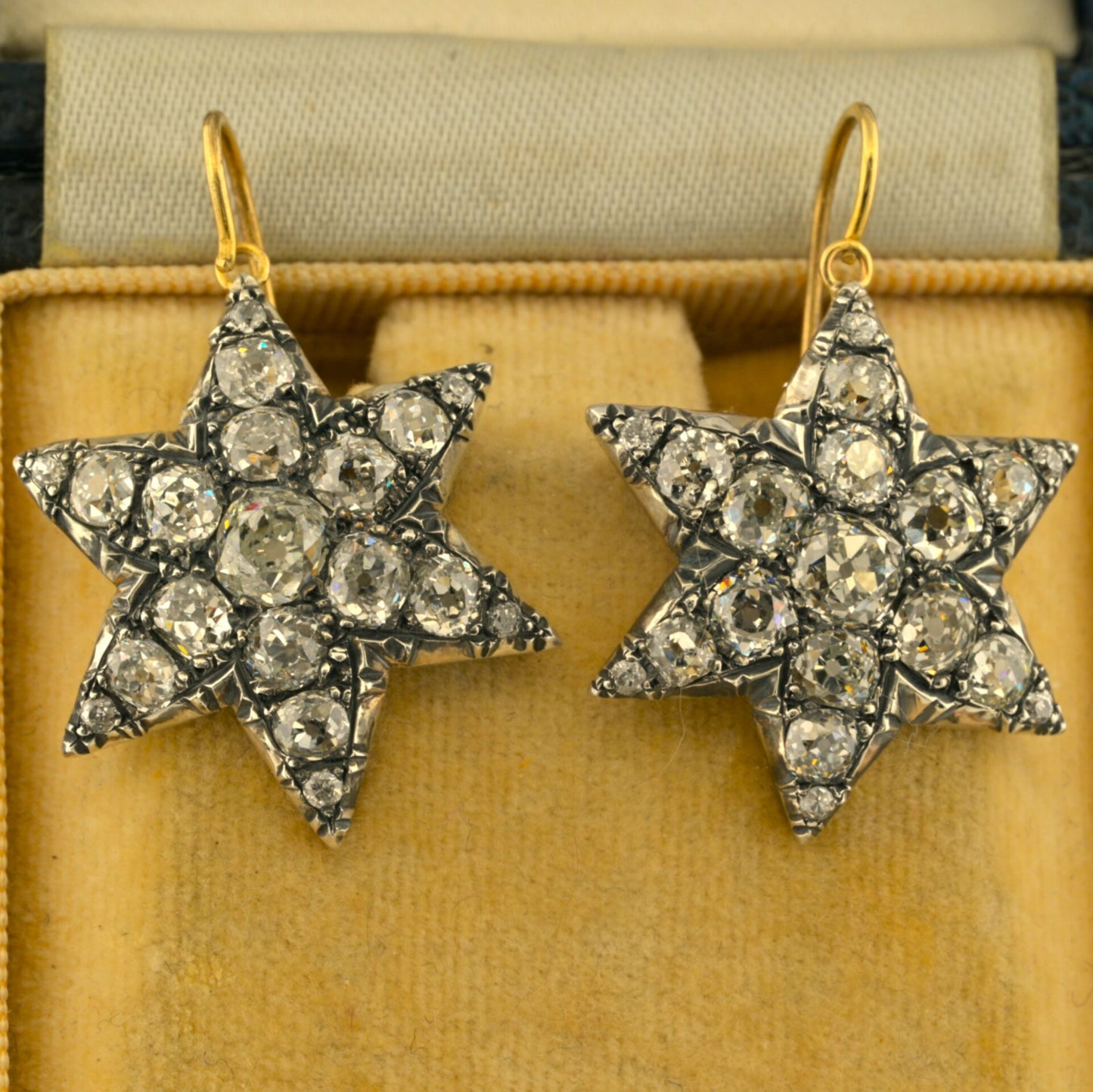 Victorian Antique 8ct Old Mine Diamond Star Drop Earrings