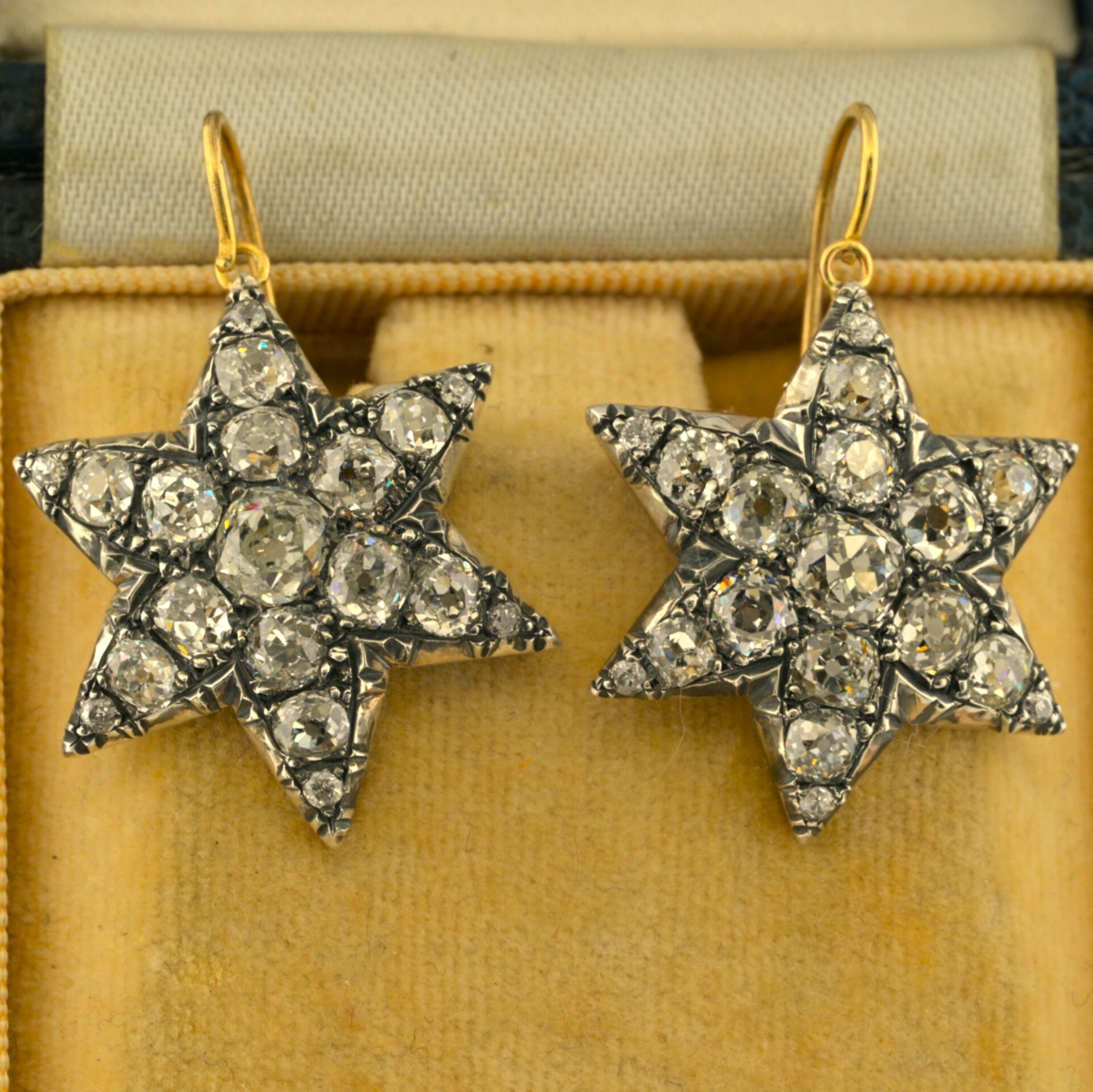 Victorian Antique 8ct Old Mine Diamond Star Drop Earrings