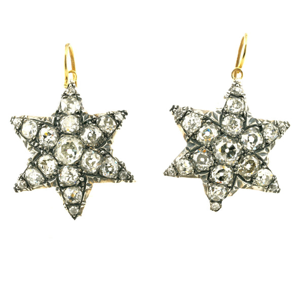Victorian Antique 8ct Old Mine Diamond Star Drop Earrings