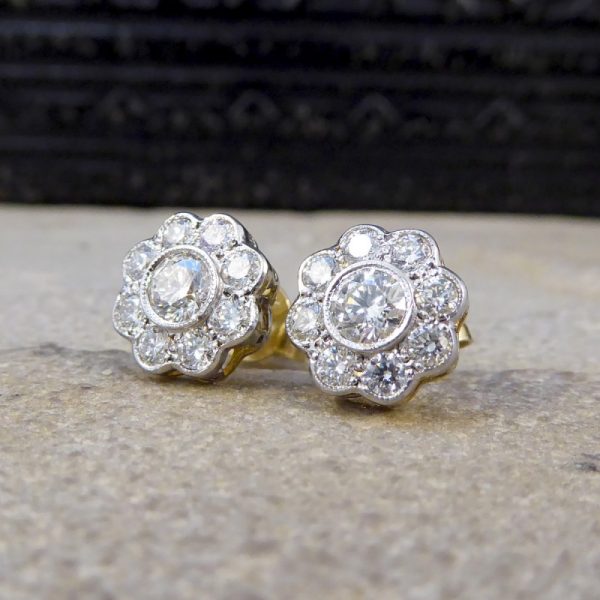 Daisy Cluster 1.30ct Diamond Earrings in 18ct White and Yellow Gold