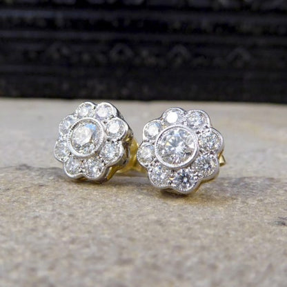 Daisy Cluster 1.30ct Diamond Earrings in 18ct White and Yellow Gold