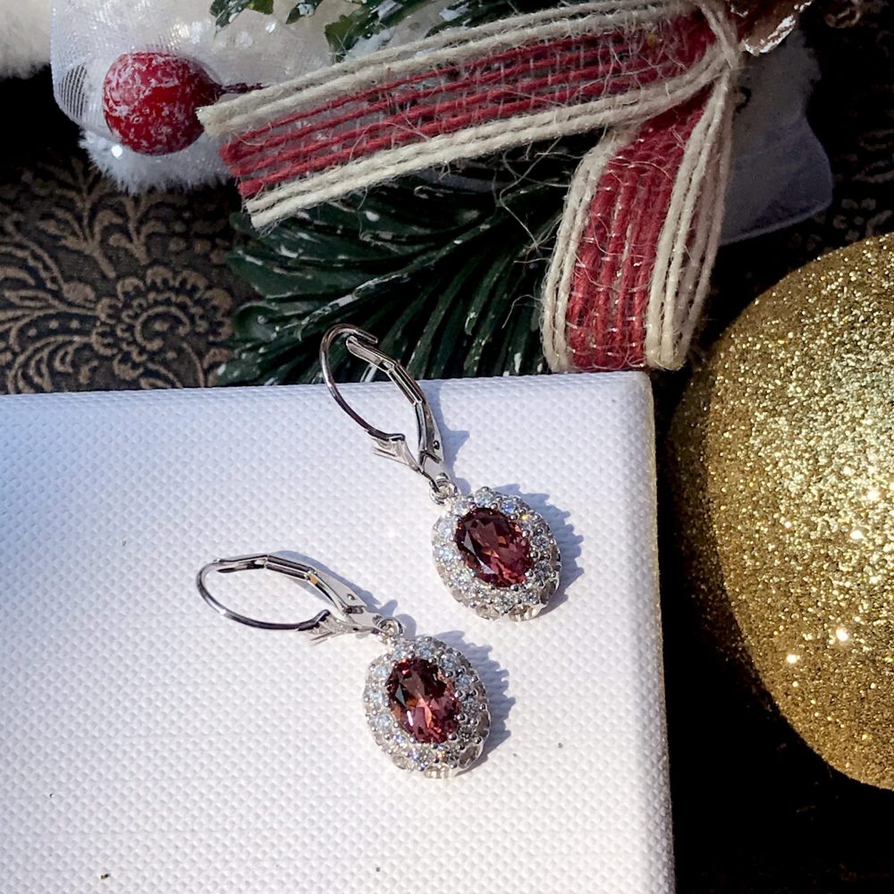 2ct Oval Pink Tourmaline and Diamond Cluster Drop Earrings