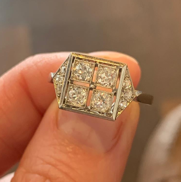 Art Deco 0.70ct Old Cut Diamond and Platinum Square Ring