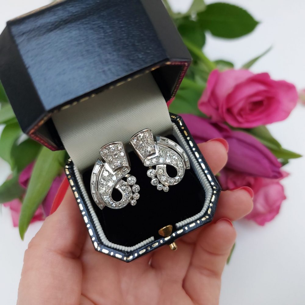 Vintage Retro 2.40ct Baguette and Brilliant Cut Diamond Spray Clip Earrings
