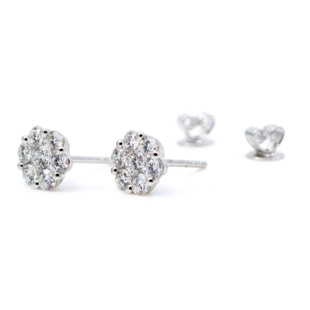 Diamond Cluster Stud Earrings, 1.10 carats white gold
