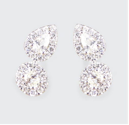 Diamond Pear and Oval Double Cluster Stud Earrings