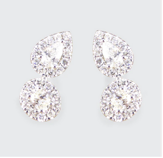 Diamond Pear and Oval Double Cluster Stud Earrings