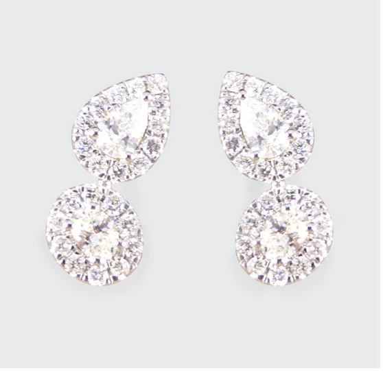 Diamond Pear and Oval Double Cluster Stud Earrings