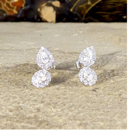 Diamond Pear and Oval Double Cluster Stud Earrings
