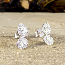 Diamond Pear and Oval Double Cluster Stud Earrings