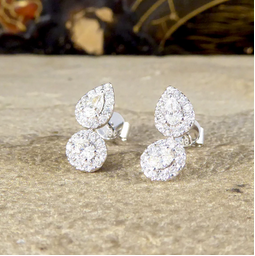 Diamond Pear and Oval Double Cluster Stud Earrings