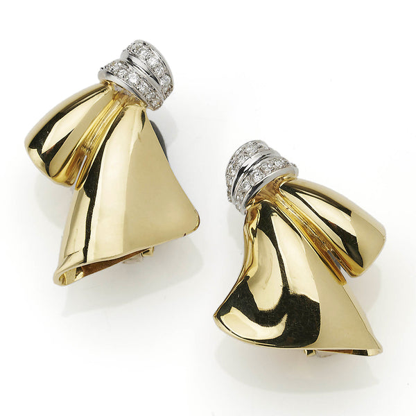 Diamond Set Fan Shape Gold Earrings
