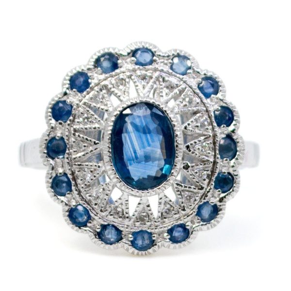 Diamond and Sapphire Cluster Gold Ring