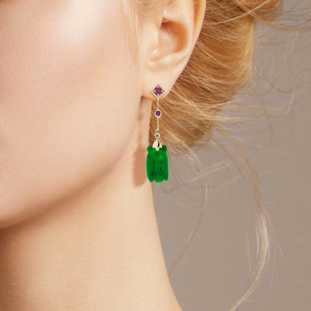 Carved Bee Natural Jade Drop Earrings with Ruby and Diamond