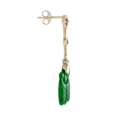 Carved Bee Natural Jade Drop Earrings with Ruby and Diamond