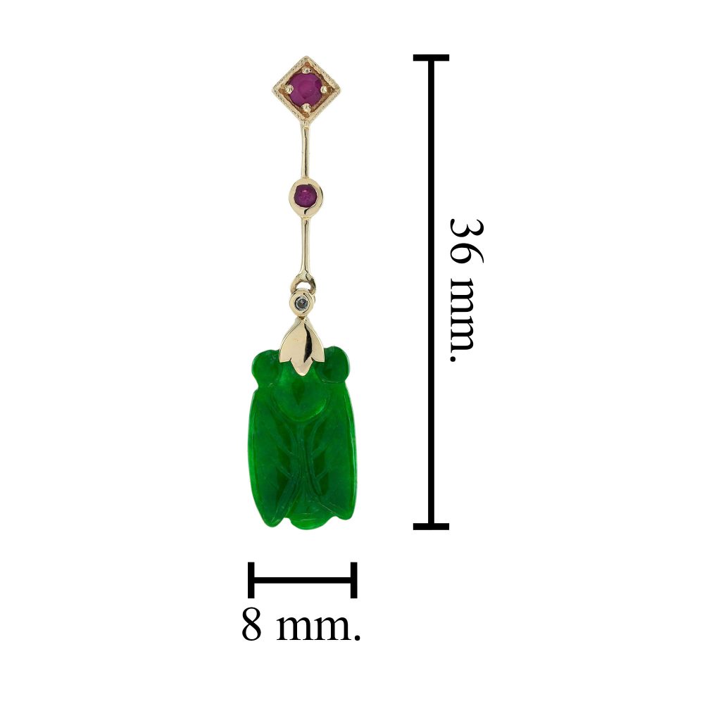 Carved Bee Natural Jade Drop Earrings with Ruby and Diamond