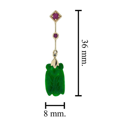 Carved Bee Natural Jade Drop Earrings with Ruby and Diamond