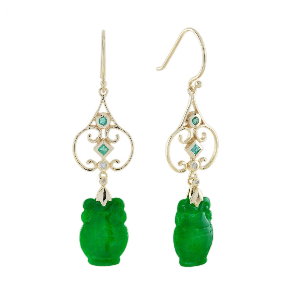 Carved Jade Drop Earrings with Emerald and Diamond, elegant 9ct yellow gold wire Art Nouveau design tops accented with diamonds and emeralds