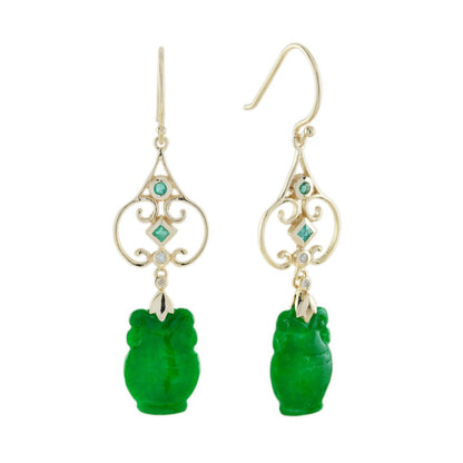 Carved Jade Drop Earrings with Emerald and Diamond