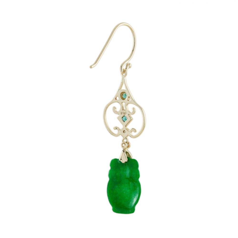 Carved Jade Drop Earrings with Emerald and Diamond