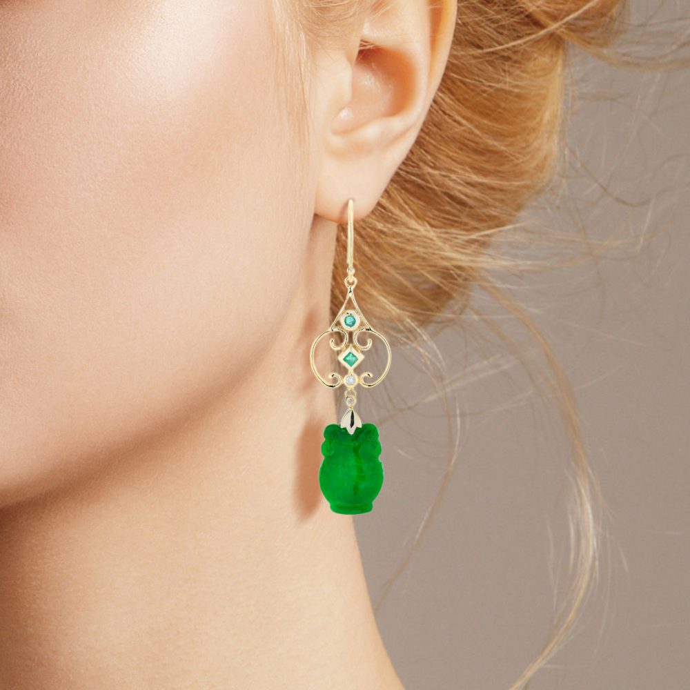 Carved Jade Drop Earrings with Emerald and Diamond