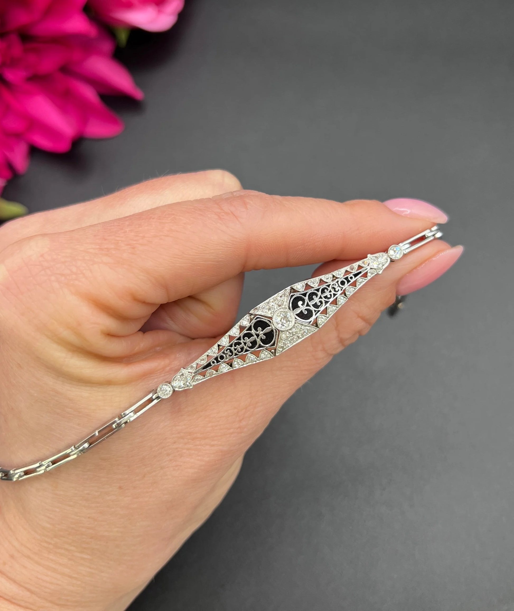 Antique Platinum, Original Art Deco Onyx & Diamond Bracelet