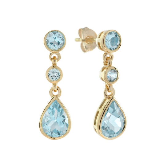 2.7ct Blue Topaz Pear Shaped Drop Earrings in 14ct Yellow Gold; featuring pear-shaped sky blue topaz suspended from two graduated round blue topaz with gold links between