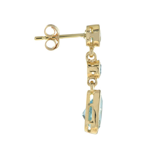 2.7ct Blue Topaz Pear Shaped Drop Earrings in 14ct Yellow Gold