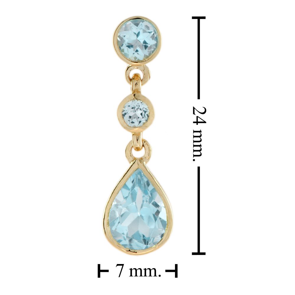 2.7ct Blue Topaz Pear Shaped Drop Earrings in 14ct Yellow Gold