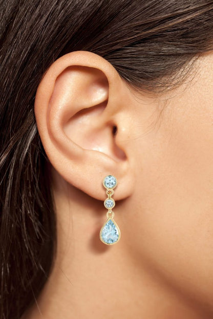 2.7ct Blue Topaz Pear Shaped Drop Earrings in 14ct Yellow Gold