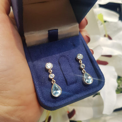 2.7ct Blue Topaz Pear Shaped Drop Earrings in 14ct Yellow Gold