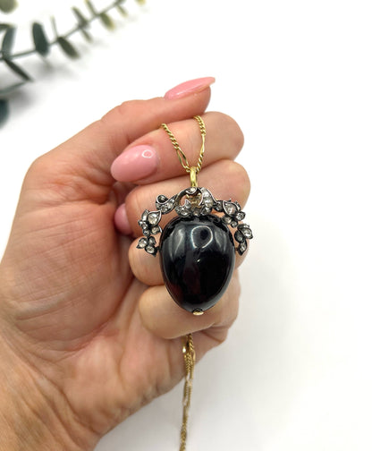 Early Victorian Antique Cabochon Garnet and Diamond Locket Pendant in Original Henry Tessier Box