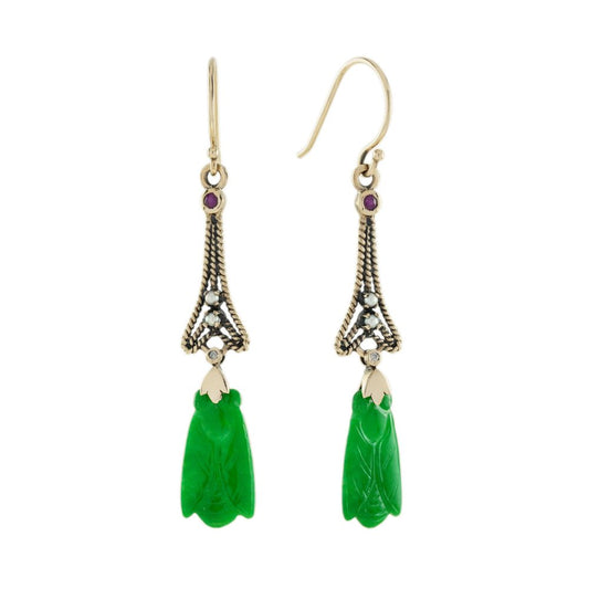 Carved Natural Jade Drop Earrings with Emerald Pearl and Diamond in a 9ct yellow gold with French wire fittings