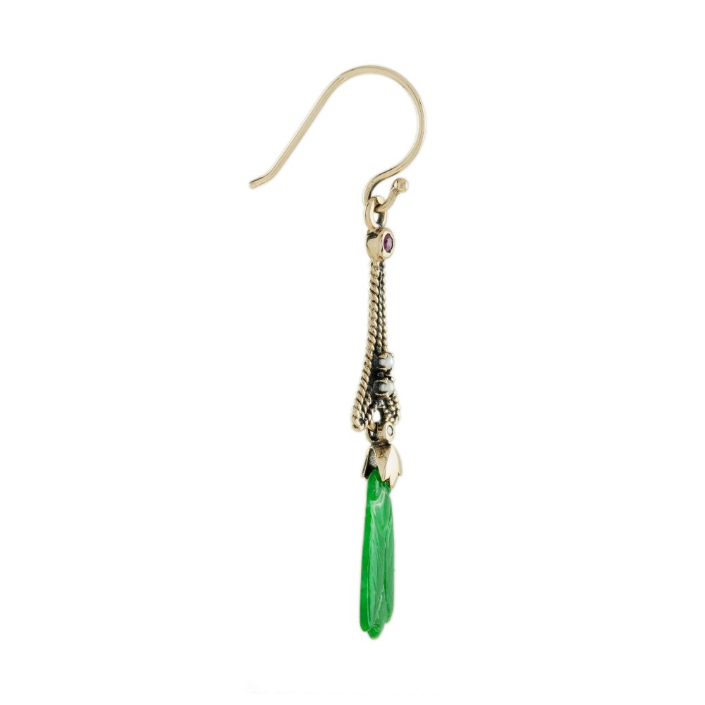 Carved Natural Jade Drop Earrings with Emerald Pearl and Diamond in a 9ct yellow gold with French wire fittings