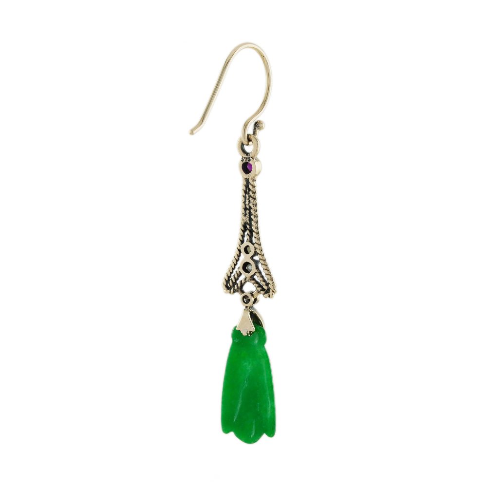 Carved Natural Jade Drop Earrings with Emerald Pearl and Diamond in a 9ct yellow gold with French wire fittings