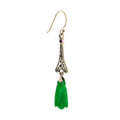 Carved Natural Jade Drop Earrings with Emerald Pearl and Diamond in a 9ct yellow gold with French wire fittings