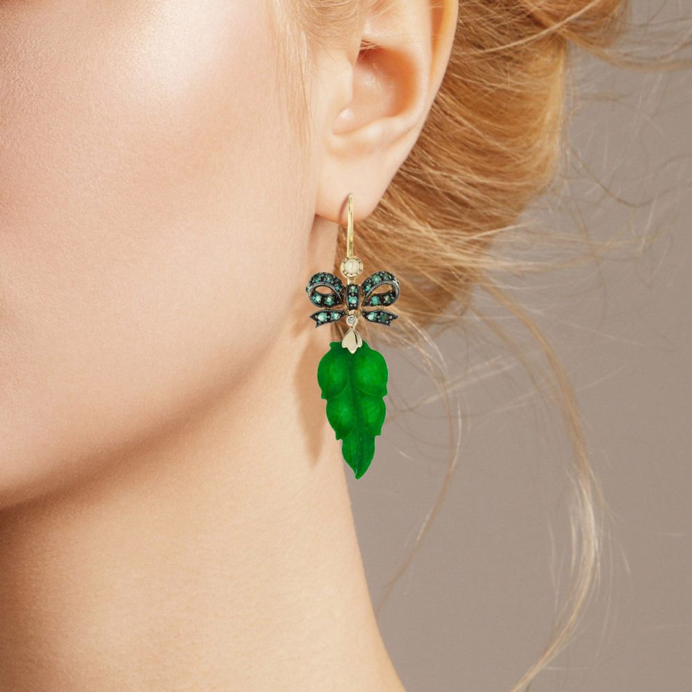 Carved Jade Leaf and Emerald Bow Drop Earrings with Opal and Diamond Accents in 9ct Gold