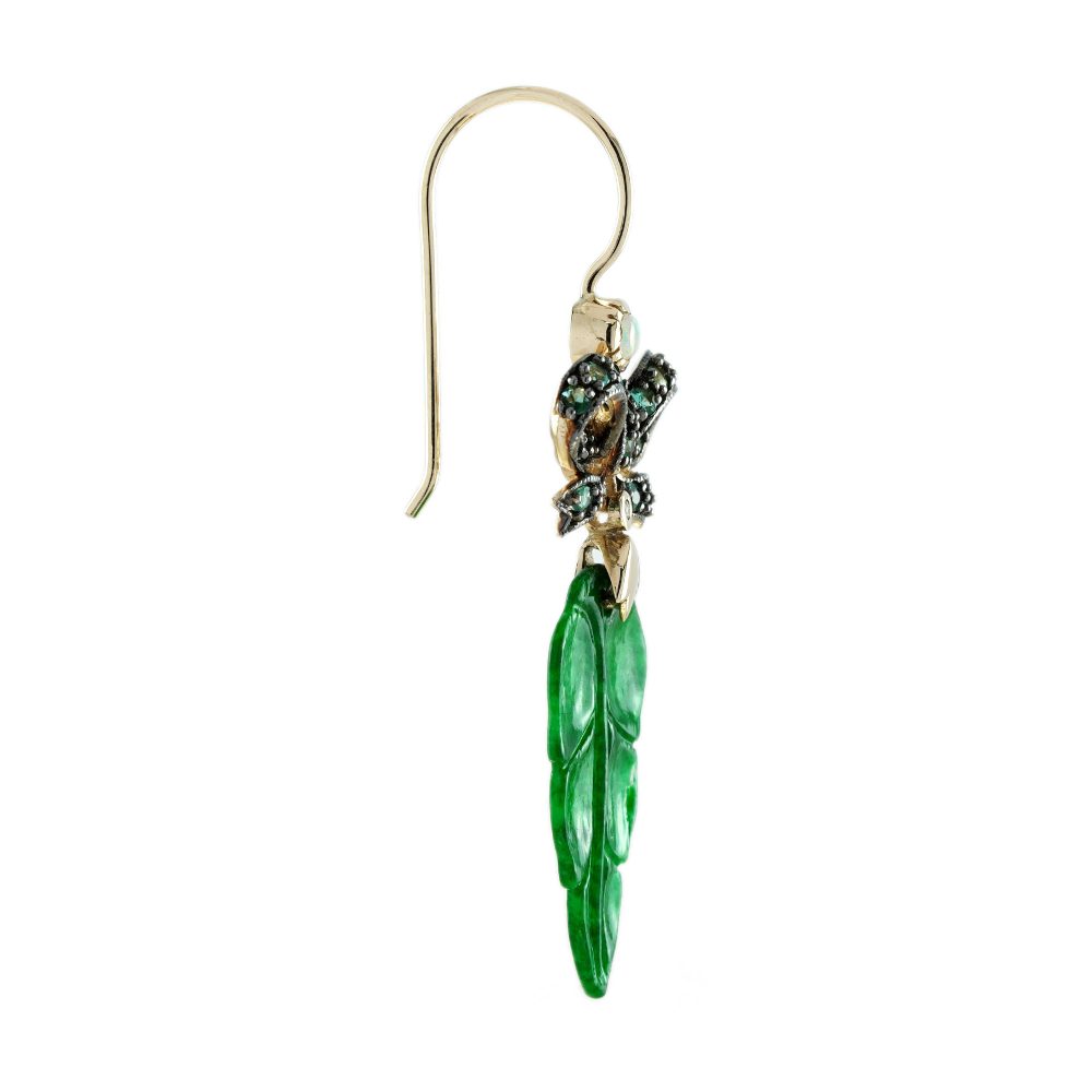 Carved Jade Leaf and Emerald Bow Drop Earrings with Opal and Diamond Accents in 9ct Gold
