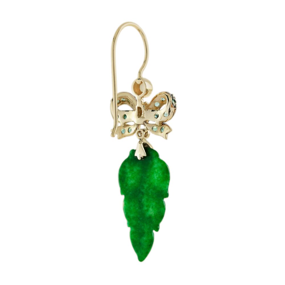 Carved Jade Leaf and Emerald Bow Drop Earrings with Opal and Diamond Accents in 9ct Gold