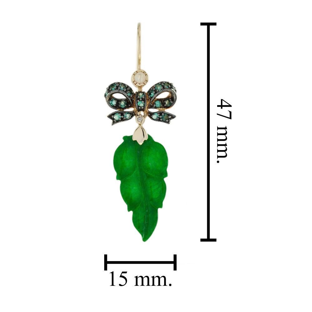 Carved Jade Leaf and Emerald Bow Drop Earrings with Opal and Diamond Accents in 9ct Gold