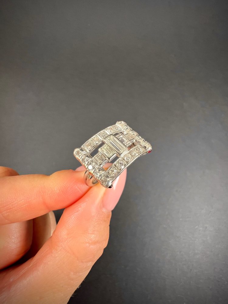 Vintage Diamond And Ruby Buckle Style Cocktail Ring In Platinum